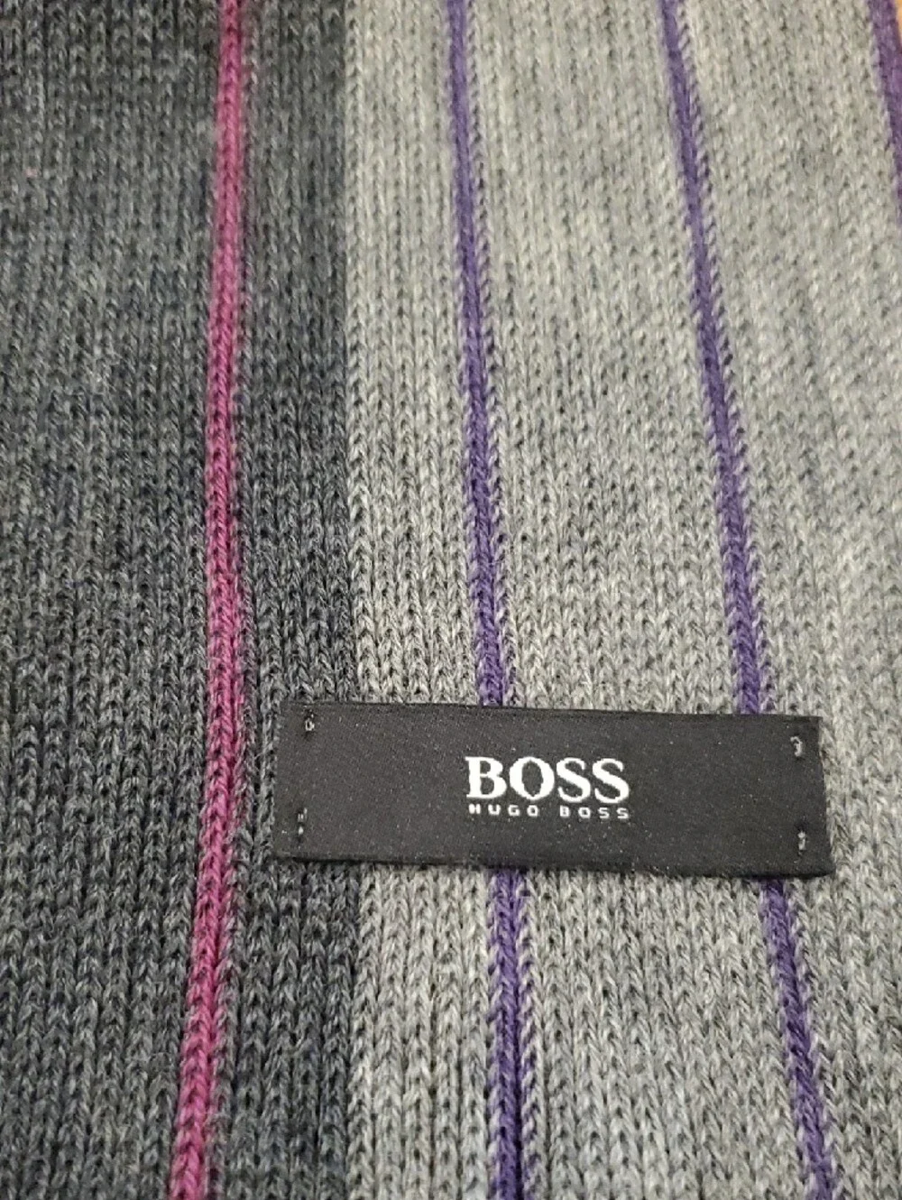 Hugo Boss Two-Tone Striped Scarf in Gray & Black with Subtle Purple Pinstripes
